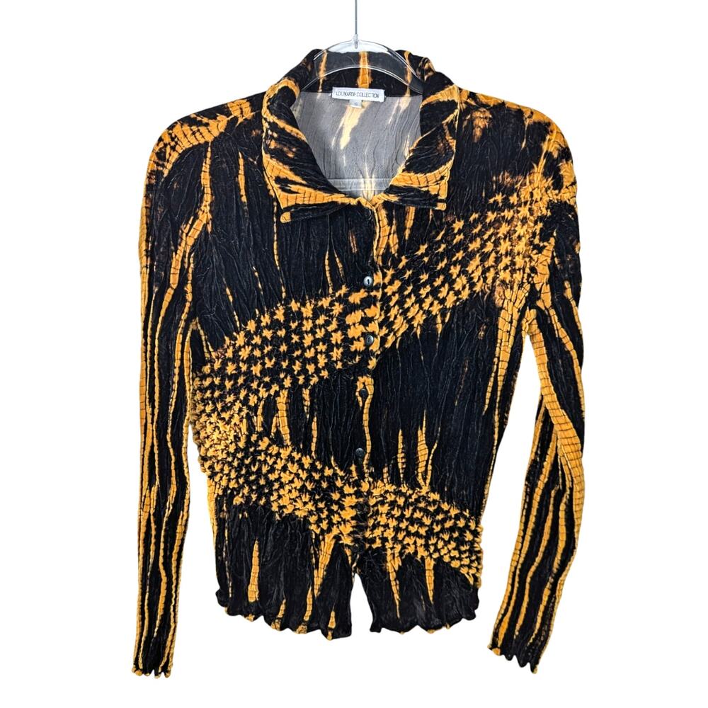 Vintage Y2K Lounardi Collection Velvet Blouse Crinkle Popcorn Texture Black Gold